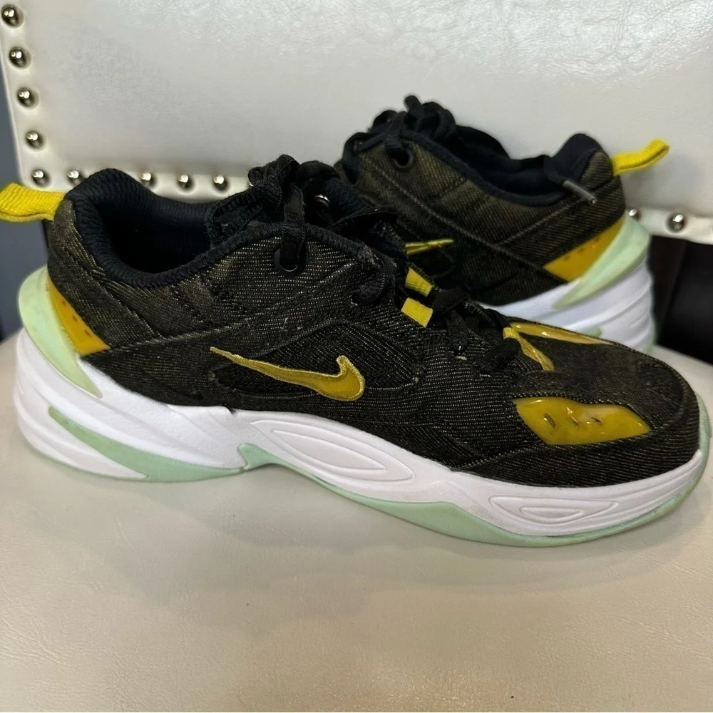 Nike Womens M2K Tekno Black Twill Denim Size 7 BV0970 001 Yellow Mint Colorway